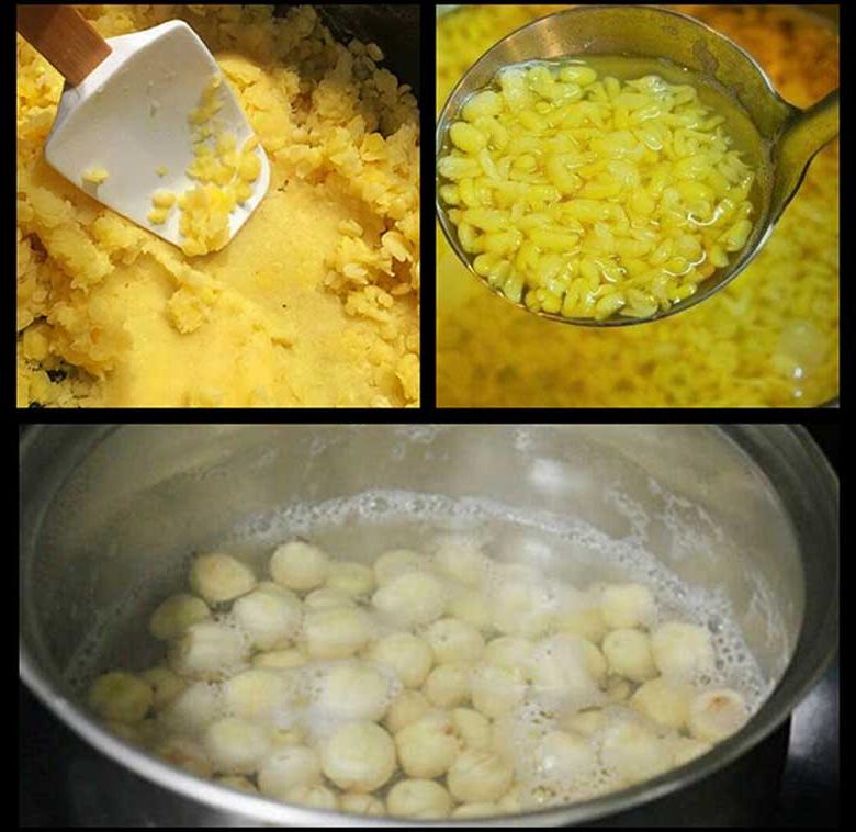 Cách nấu xôi cốm bằng nồi cơm điện tiếp theo nấu chín đậu xanh và hạt sen